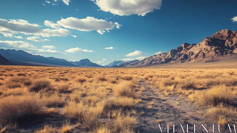 Desert grassland plain with distant mountain range view.