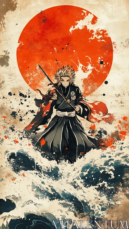 Samurai warrior standing in crashing waves before red sun.
