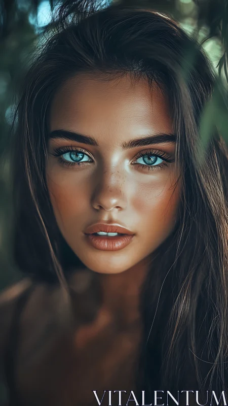 Storm-bright turquoise gaze framed by wild woodland dusk.