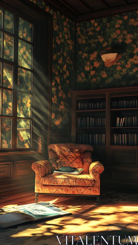 Digital painting of a sunlit vintage reading corner interior.