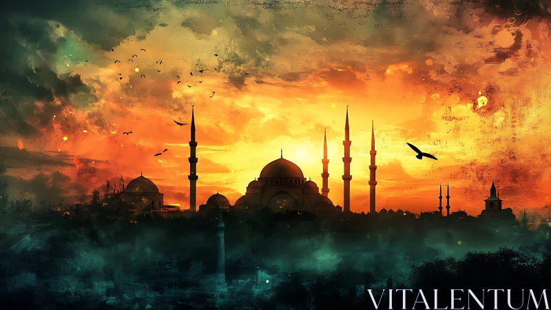 Sunset mosque skyline renders atmospheric silhouette drama