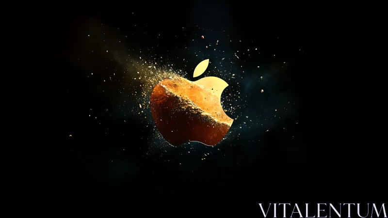 Fragmenting golden apple emblem on dark background.