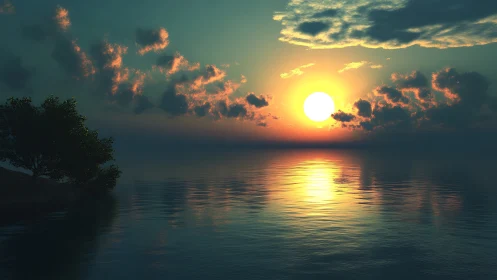 Sunset over calm water with glowing cloud reflections.