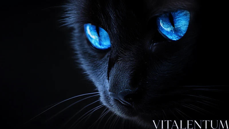 Black Cat with Luminescent Blue Eyes Against Dark Background