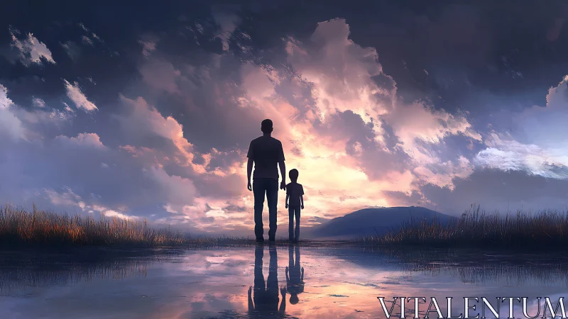 Silhouetted figures stand on reflective shore at sunset.