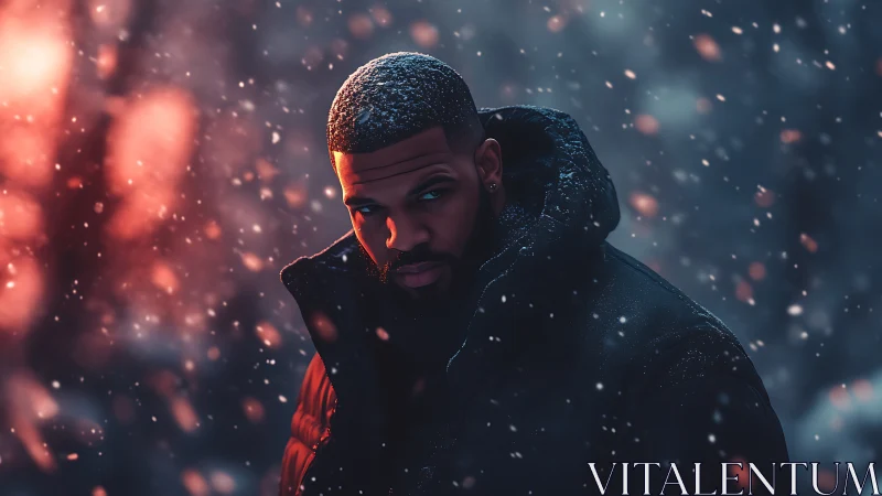 Cinematic winter portrait with dramatic bokeh snowfall lighting