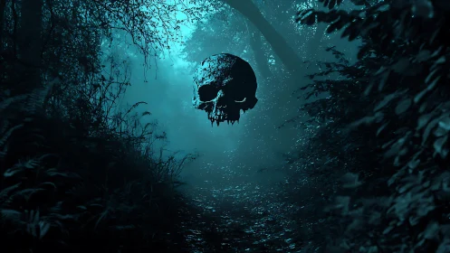 Skull silhouette suspended above dimly lit forest path.