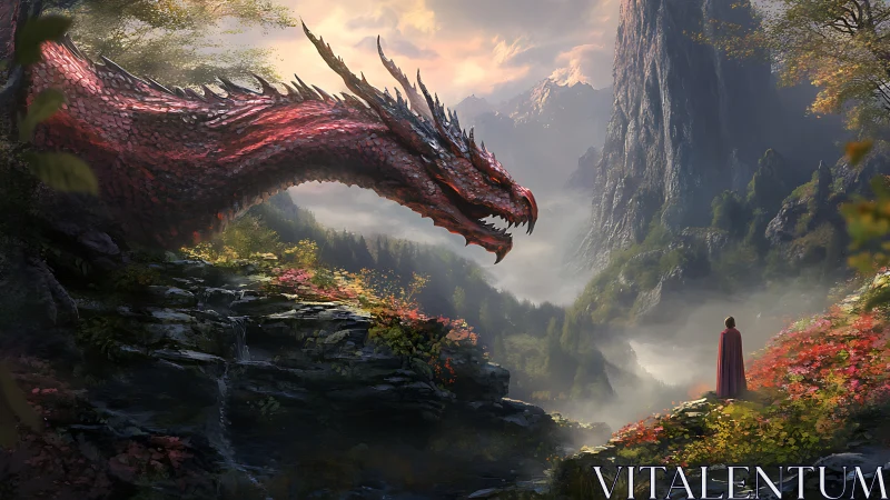 Scarlet dragon meets lone wanderer in a misty valley.