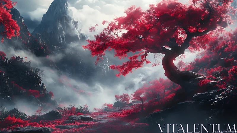 Curved red tree dominates misty mountainous valley scene