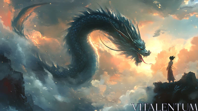 Skyborne dragon confronts lone figure over burning clouds