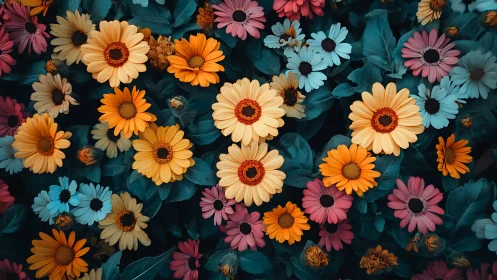 Colorful Gerbera Daisies Against Dark Foliage.