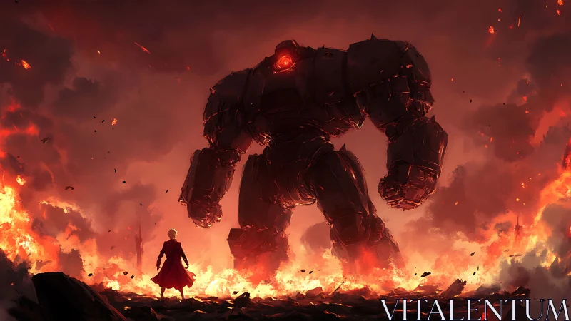 Colossal armored mech confronts lone figure amid incendiary blast