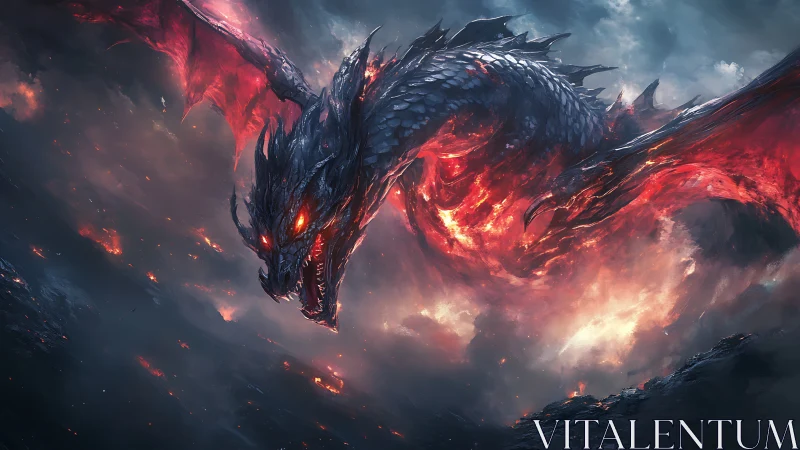 Fiery dragon soars through stormy skies in blazing glory.