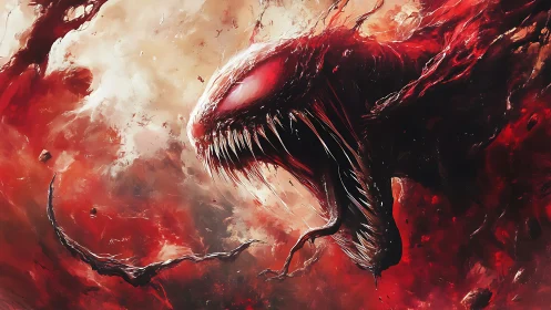 Viscous red symbiotic creature lunges amid chaotic fluid vortex