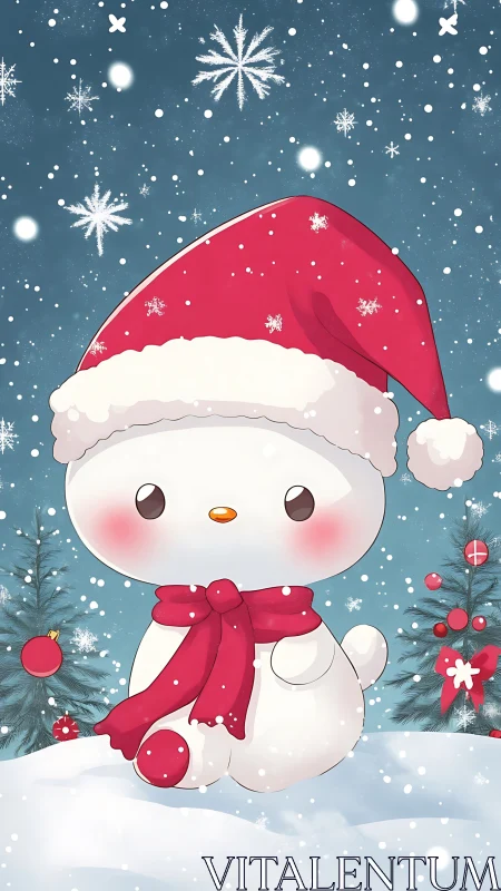 Cute snowman character in red Santa hat and scarf in snow.