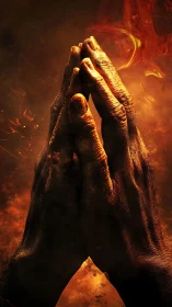 Weathered hands press together in a quiet, fiery prayer