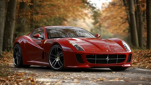Crimson sports car glows warmly along a peaceful autumn road