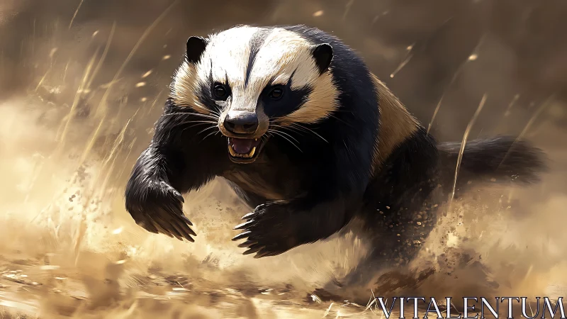 Wild badger charges through swirling dust in golden light.