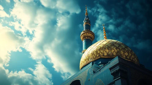 Golden mosque dome under storm-bright turquoise sky.