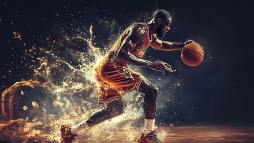 Basketball player dribbling with dynamic splash effects.