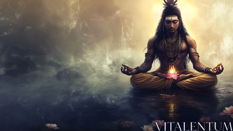 Seated figure in lotus pose with glowing flower on water.