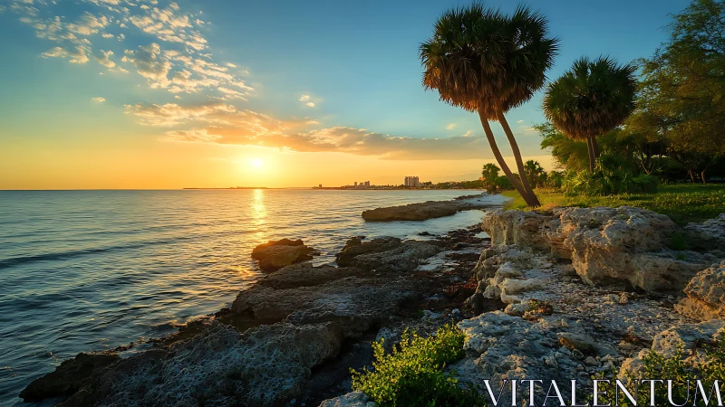 Sunlit rocky shoreline with palm trees at tranquil sunset.