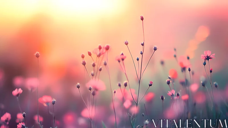 Field of Small Pink Flowers at Sunset with Selective Focus