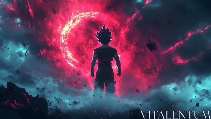 Celestial energy warrior silhouetted before erupting red vortex