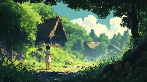 Sunlit forest path leading to rustic thatched cabins in summer