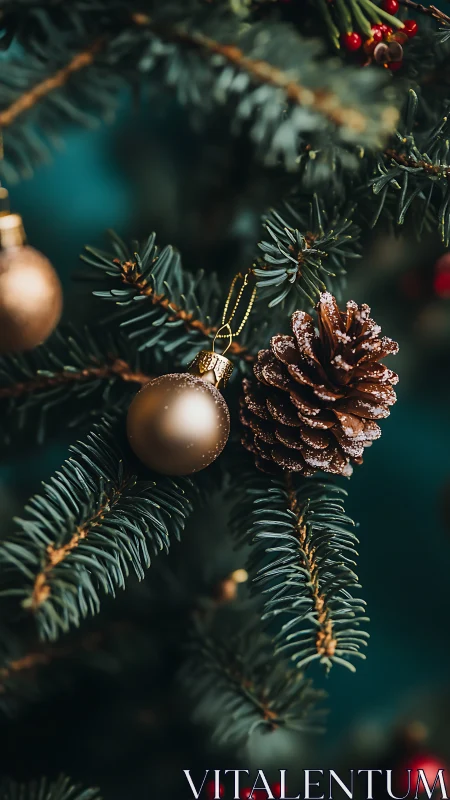 Gold ornament and frosted pinecone hang on dense fir branch
