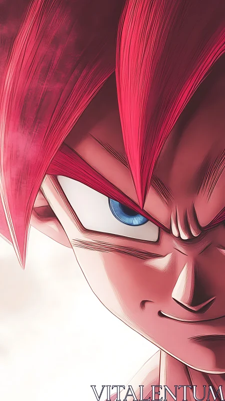 Red haired anime warrior close up with intense gaze.