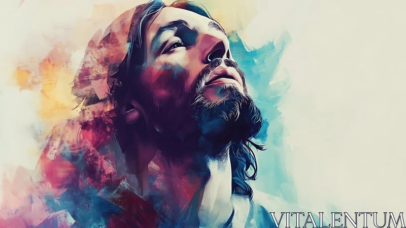 Bearded man gazing upward in abstract colorful portrait.