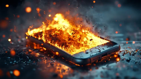 Smartphone engulfed in blazing digital inferno on floor.