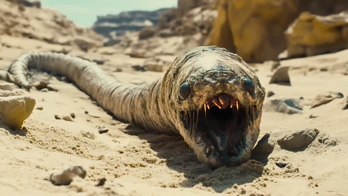 Desert dwelling predatory sand worm with open fanged maw
