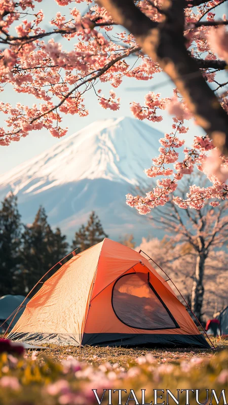 Camping beneath cherry blossoms and snowy peak panorama.