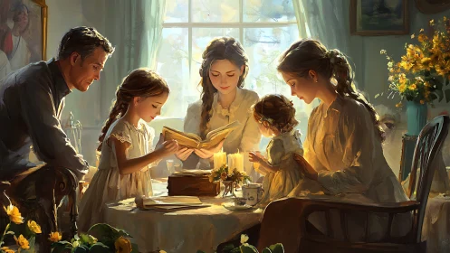 Family sits around table reading a book in warm daylight