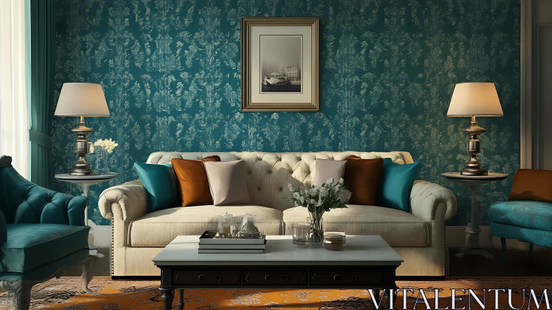 Cozy teal living room with plush sofa and gentle evening glow.