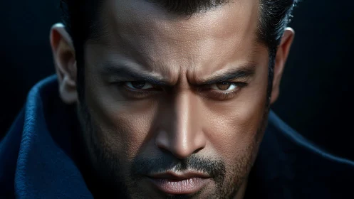 Storm-lit stare of a determined modern hero in shadow.