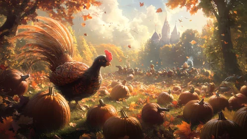 Autumn rooster patrols pumpkin field before distant castle