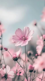 Pink Cosmos Flowers in Soft Focus Field.