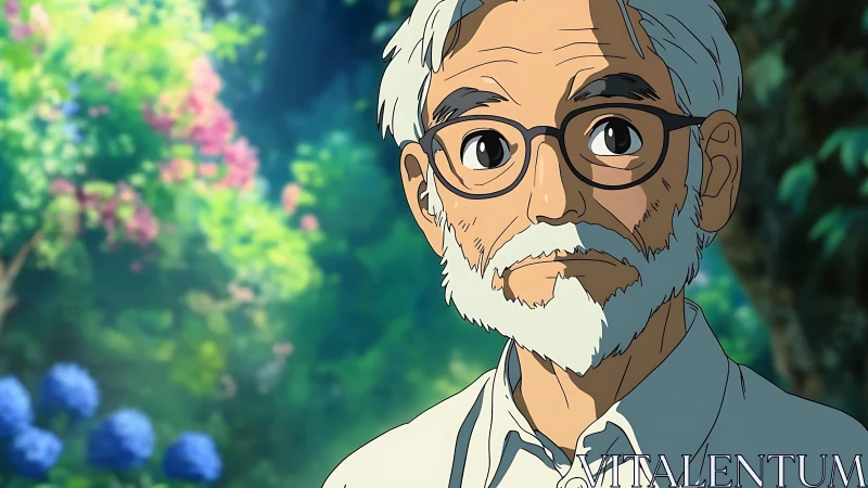 Gentle old soul in a sunlit garden of quiet colors.