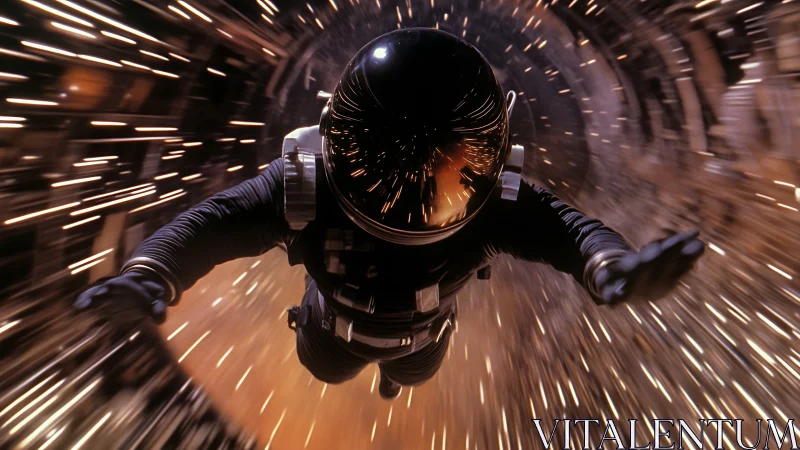 Astronaut hurtling through luminous hyperspace tunnel.