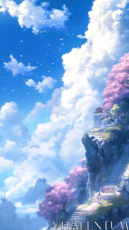 Vertical landscape shows stairway, cliff temple and cloud mass