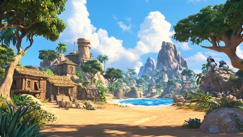Tropical Fantasy Settlement with Towering Rock Formations