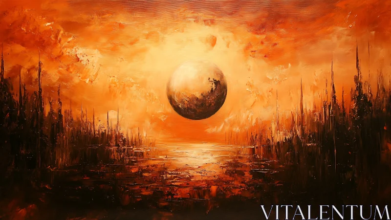 Solar-flooded alien horizon with suspended planetary sphere