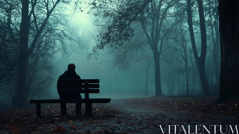 Solitary figure sits on park bench in dense blue fog