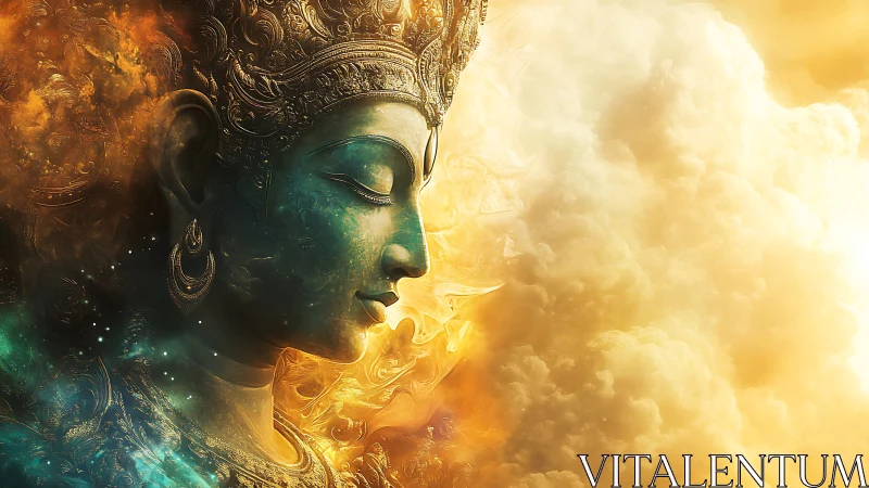 Divine golden profile emerges through swirling cosmic clouds.