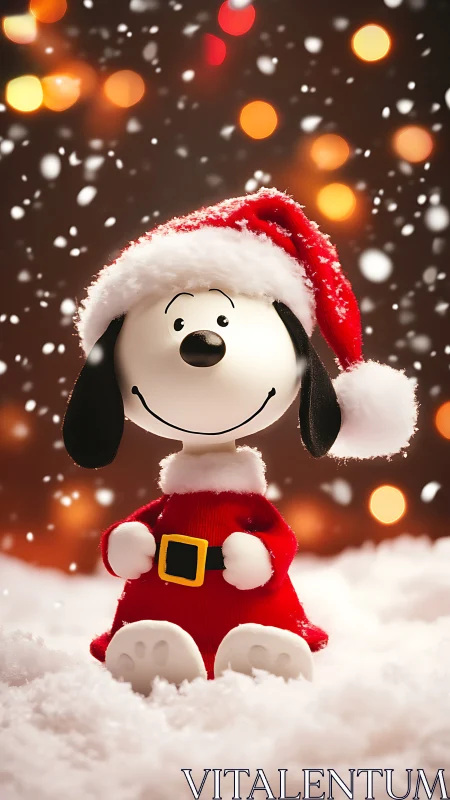 Snowy beagle Santa beams beneath twinkling holiday lights