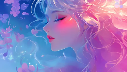Iridescent side profile of dreamy girl in neon pastel light