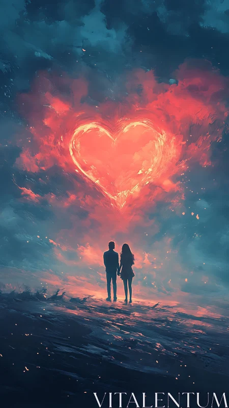 Luminous Heart Above Silhouetted Figures Against Ethereal Sky.